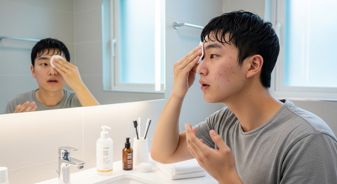 남성이 욕실에서 여드름 치료용 토너를 사용하는 장면