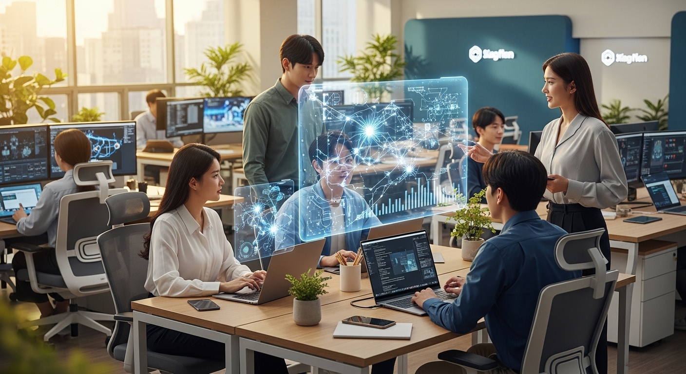 현대적인 사무실에서 젊은 직장인들이 AI 기술에 대해 논의하는 장면