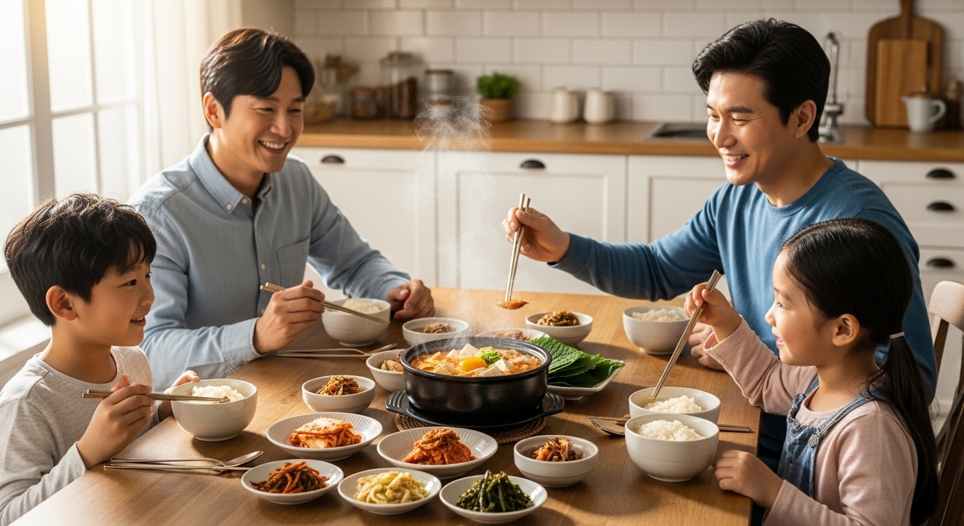 가족이 집에서 호텔식 순두부찌개를 함께 즐기는 장면