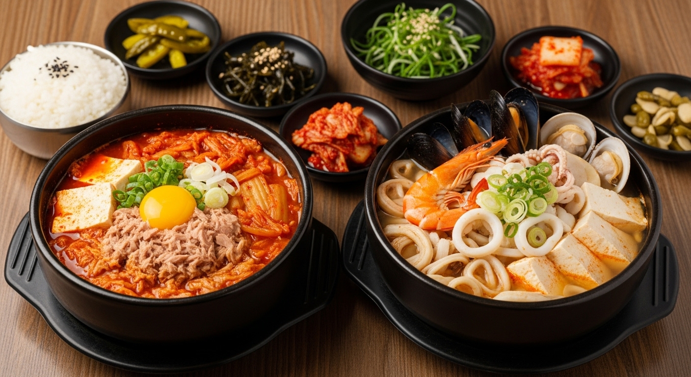 다양한 버전의 순두부찌개가 나무 테이블 위에 놓인 모습