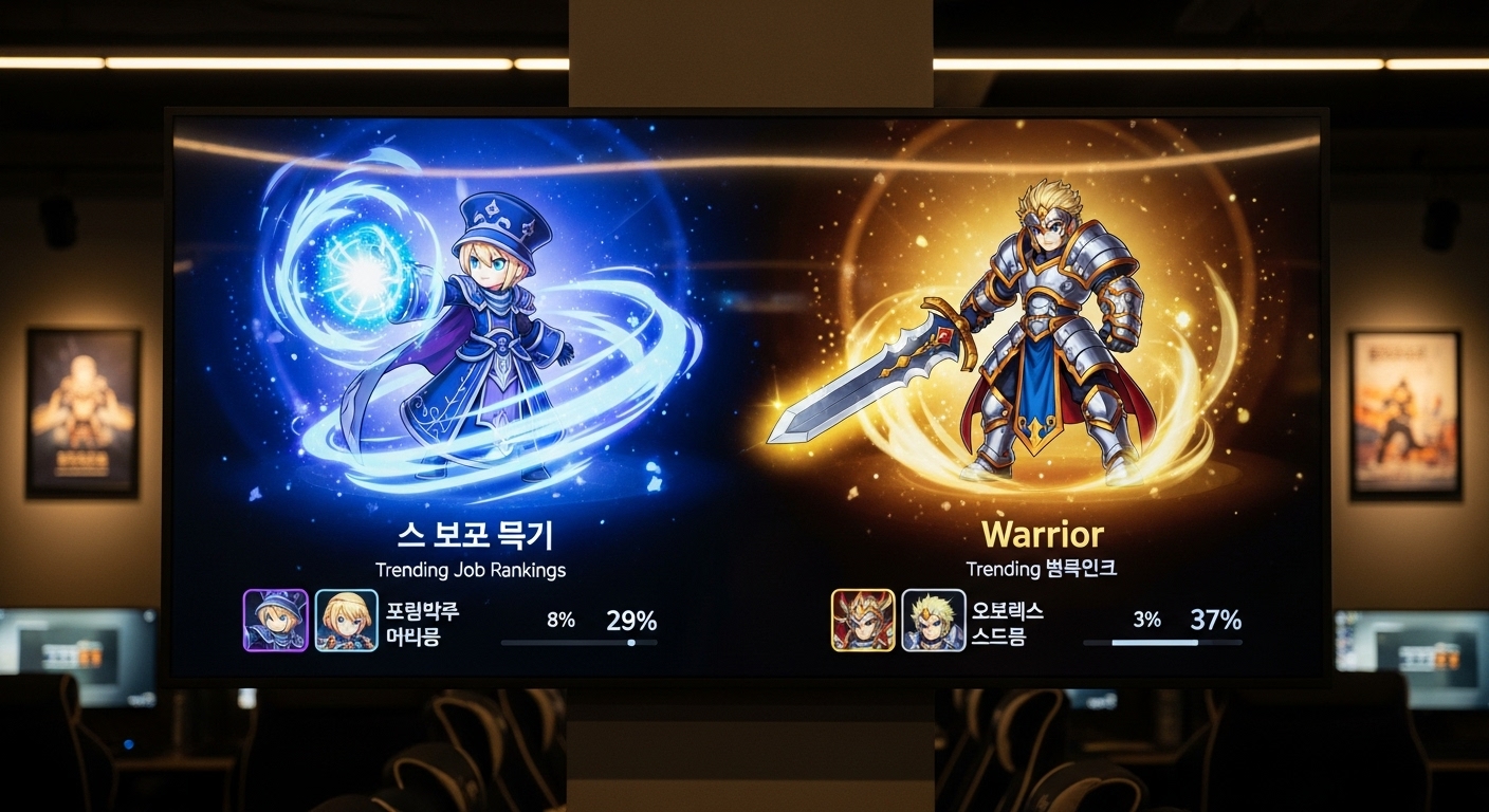 인기 직업을 보여주는 디지털 화면과 PC방 분위기