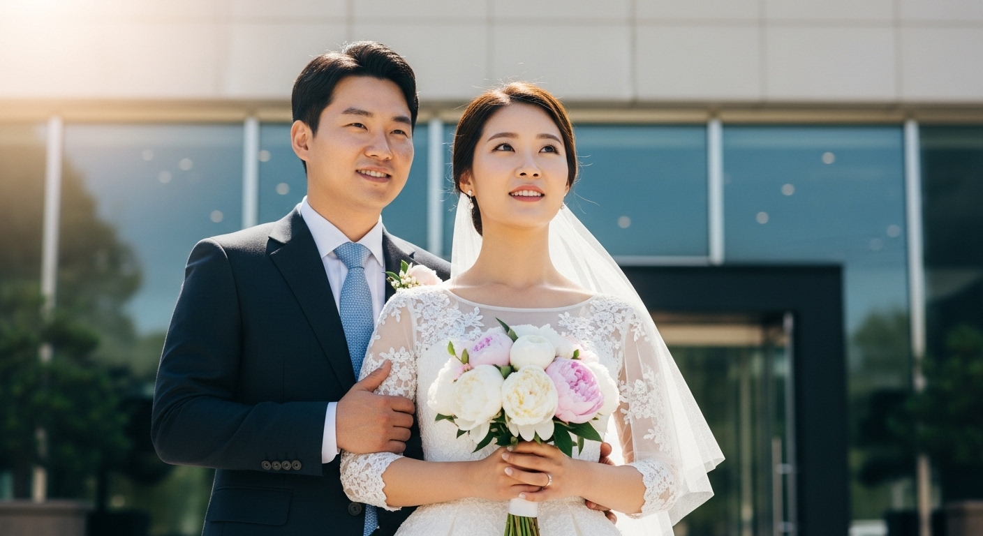 경제적 어려움에도 불구하고 미래에 대한 희망과 기쁨을 느끼는 커플이 웨딩홀 앞에 서 있는 모습