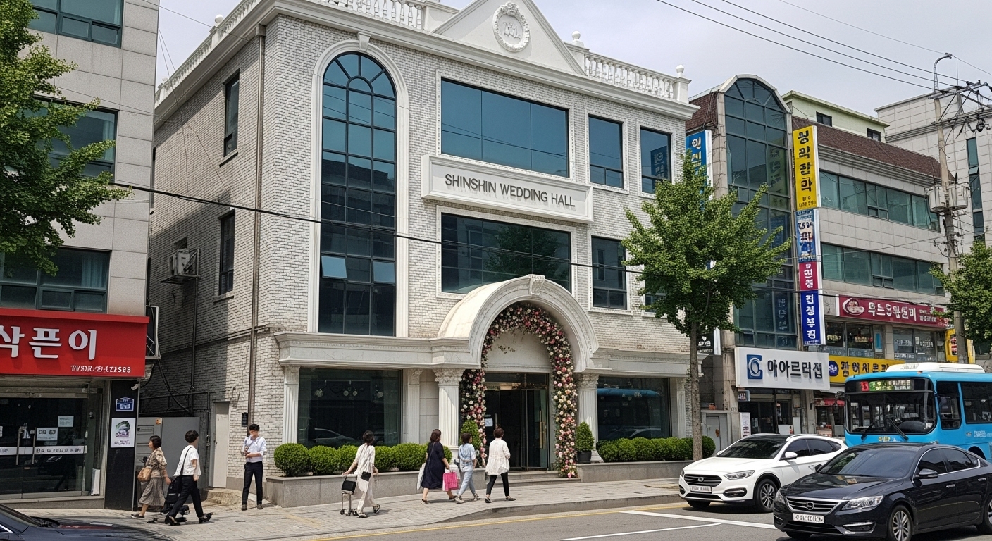 창원에 위치한 소박한 신신예식장의 외관과 주변 거리 풍경