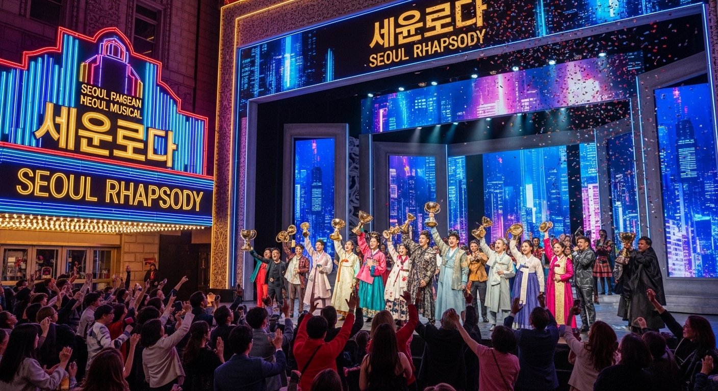 브로드웨이에서 관객들이 환호하는 모습과 함께 수상을 축하하는 현대적인 뮤지컬 무대