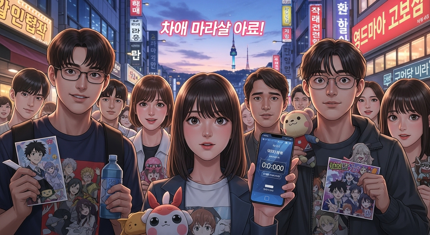 한국 팬들이 새 애니메이션 개봉을 기다리며 도시 풍경 속에 서 있는 모습