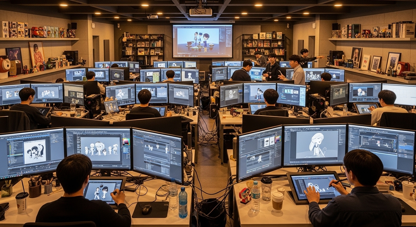 최첨단 장비가 갖춰진 애니메이션 스튜디오에서 열정적으로 일하는 한국 애니메이터들