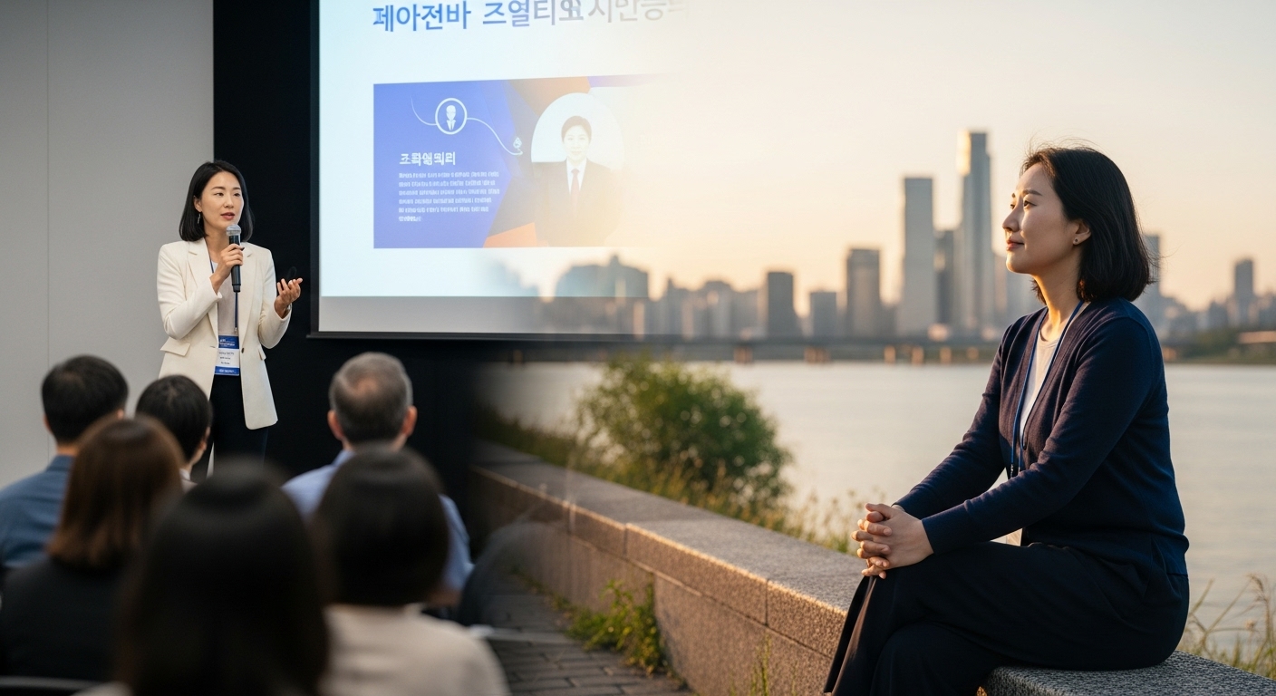 개인적 성장을 경험하는 한국 여성이 세미나에서 발표하고 한강에서 사색하는 장면