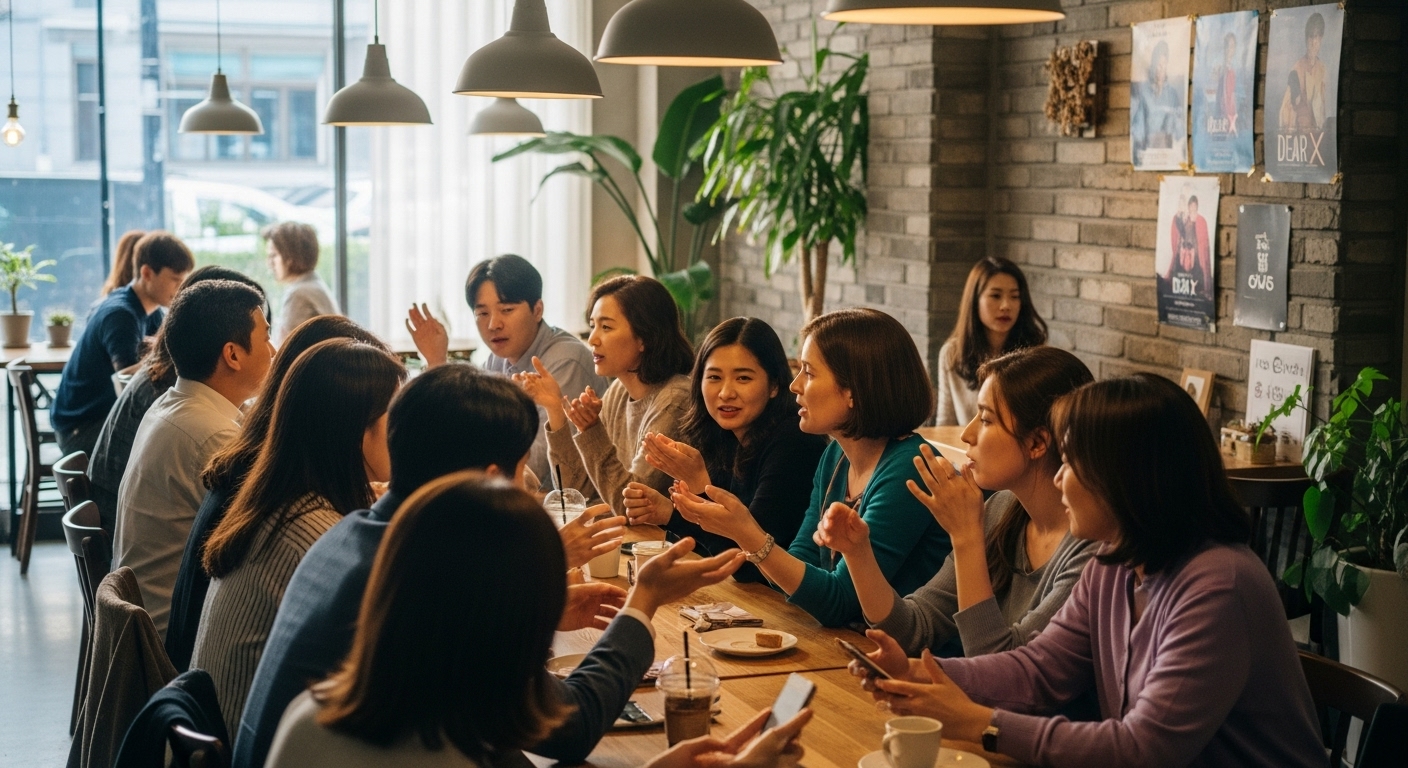 서울의 카페에서 다가오는 드라마에 대해 열띤 토론 중인 사람들