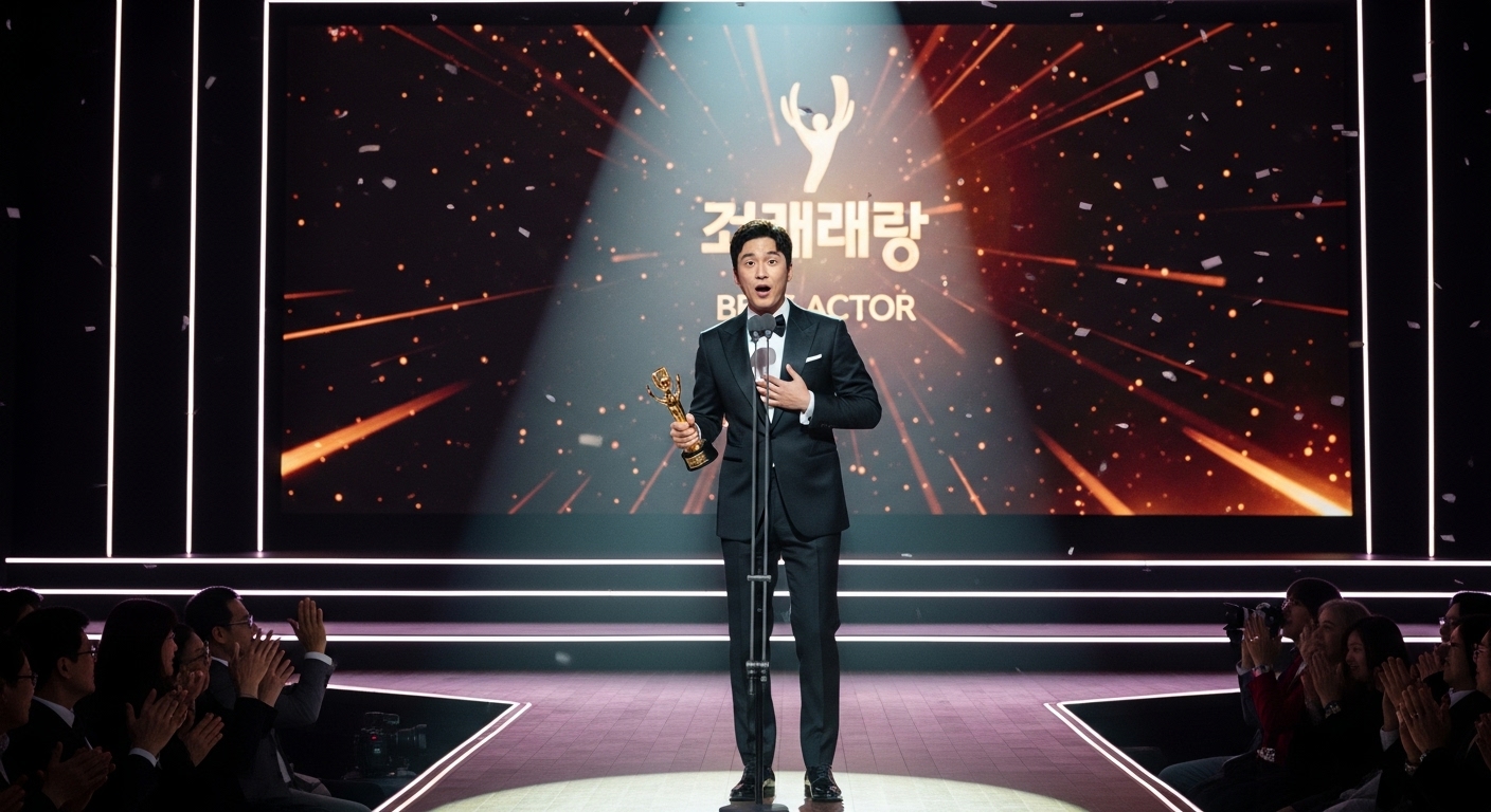 무대에서 상을 받으며 놀라움과 기쁨을 표현하는 배우의 모습