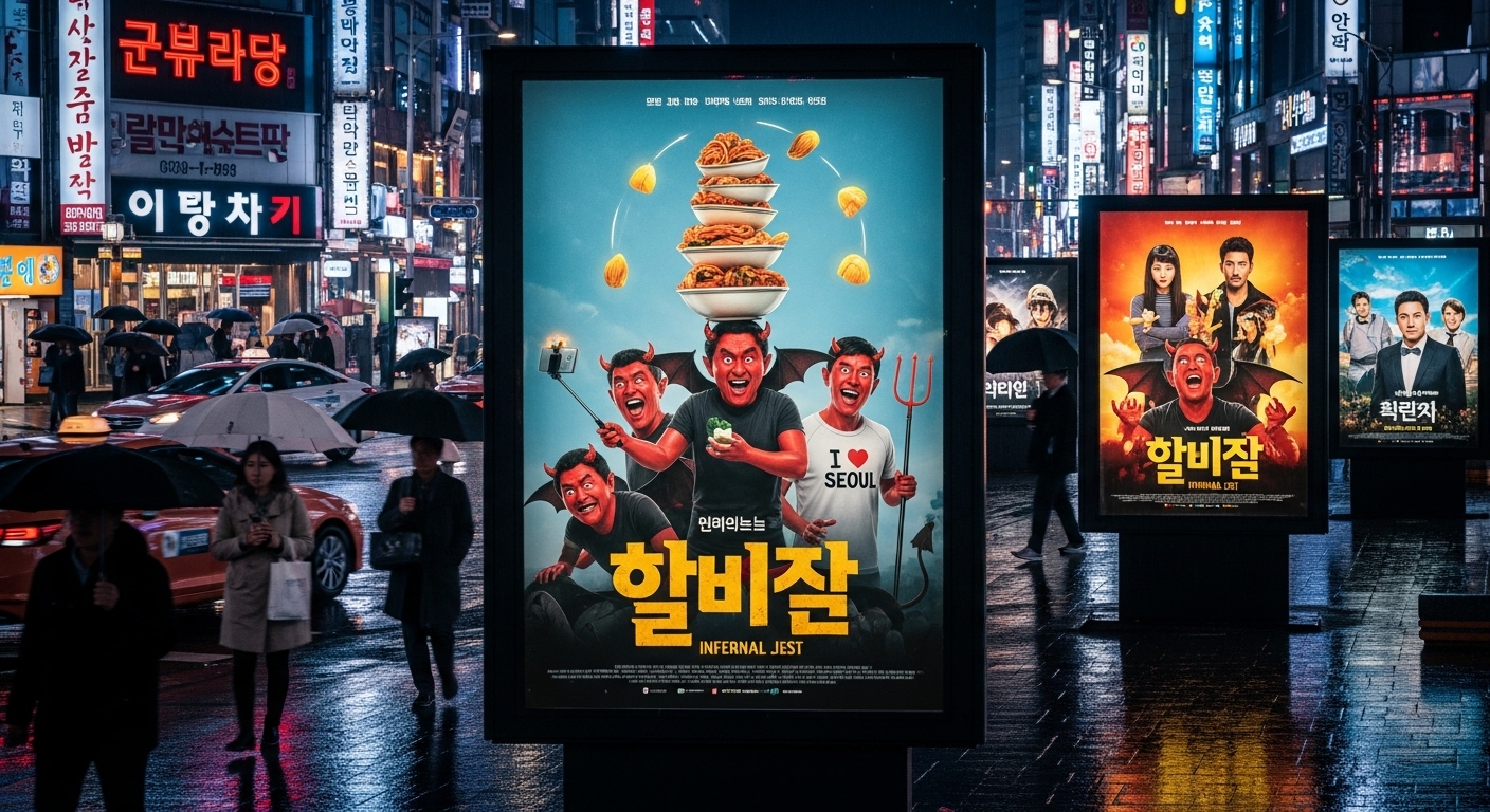 서울의 밤거리에 걸린 악마 관련 코미디 영화 포스터들