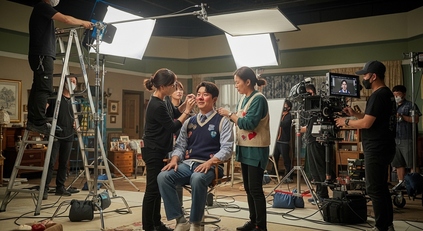 영화 세트장에서 캐주얼 복장을 입고 사랑스러운 캐릭터로 변신 중인 배우