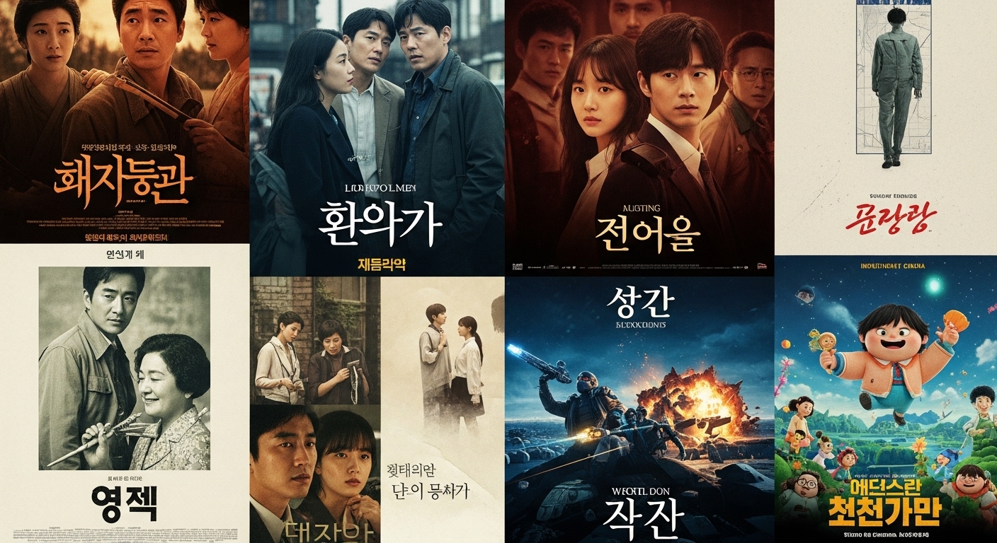 다양한 한국 영화들이 상영되는 극장 장면으로 변화하는 한국 영화계 트렌드를 표현