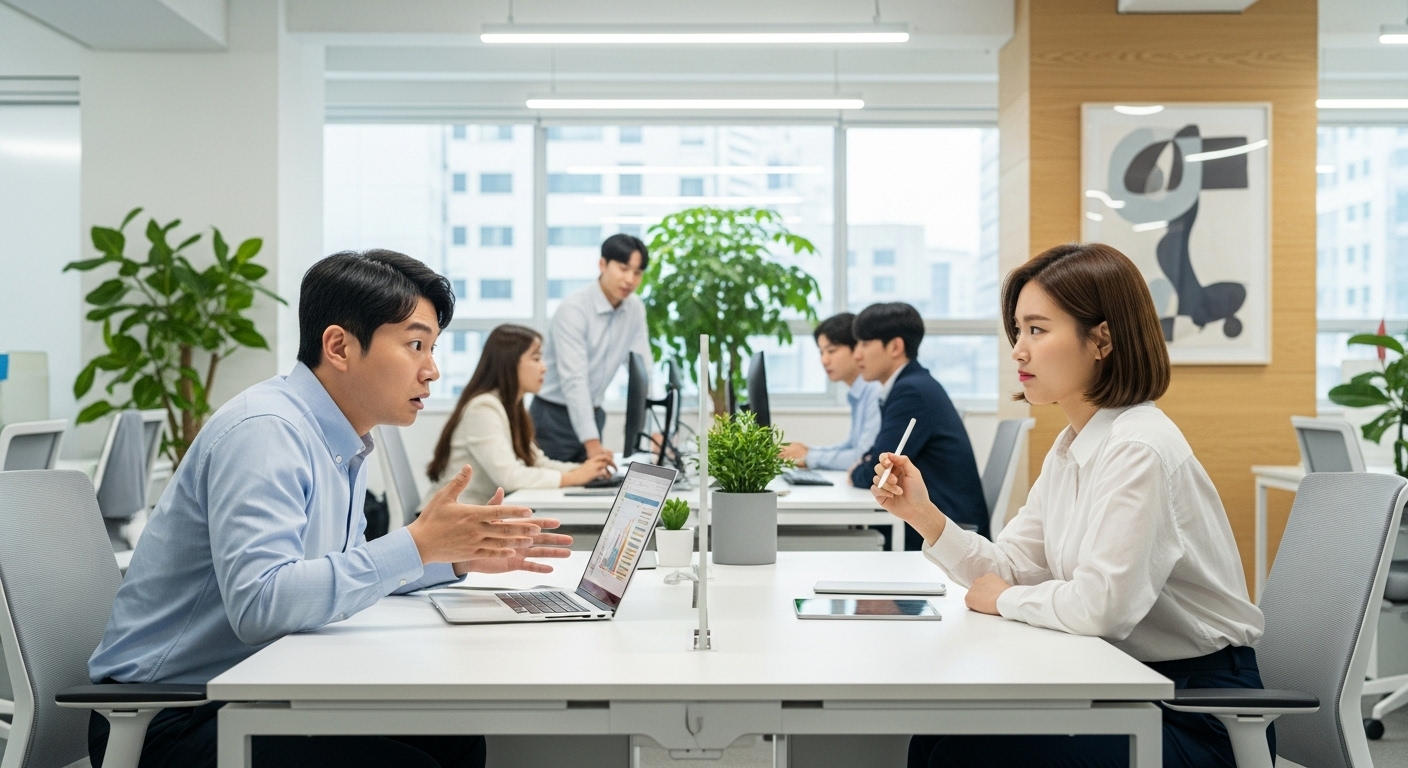 현대적인 사무실에서 유머와 긴장이 공존하는 동료 간의 상호작용