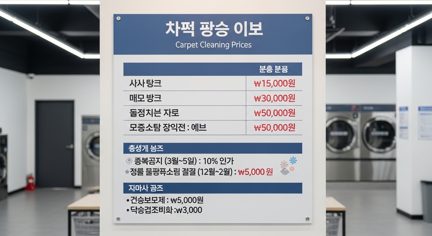 한국 세탁소의 깨끗한 가격표와 시즌별 변동 및 추가 비용 강조