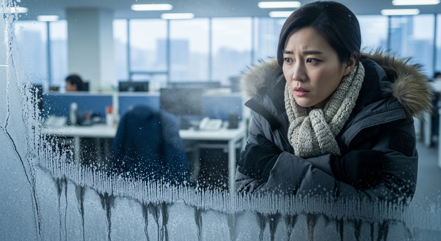 사무실에서 창문 근처에 서서 추위를 느끼고 있는 직장인의 모습