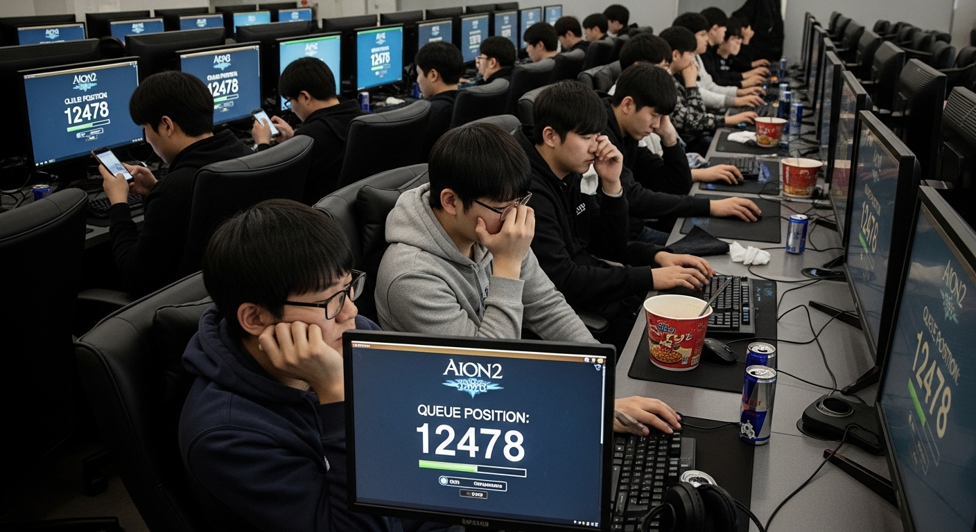 컴퓨터 화면 앞에서 긴 대기열을 바라보며 당황한 게이머들