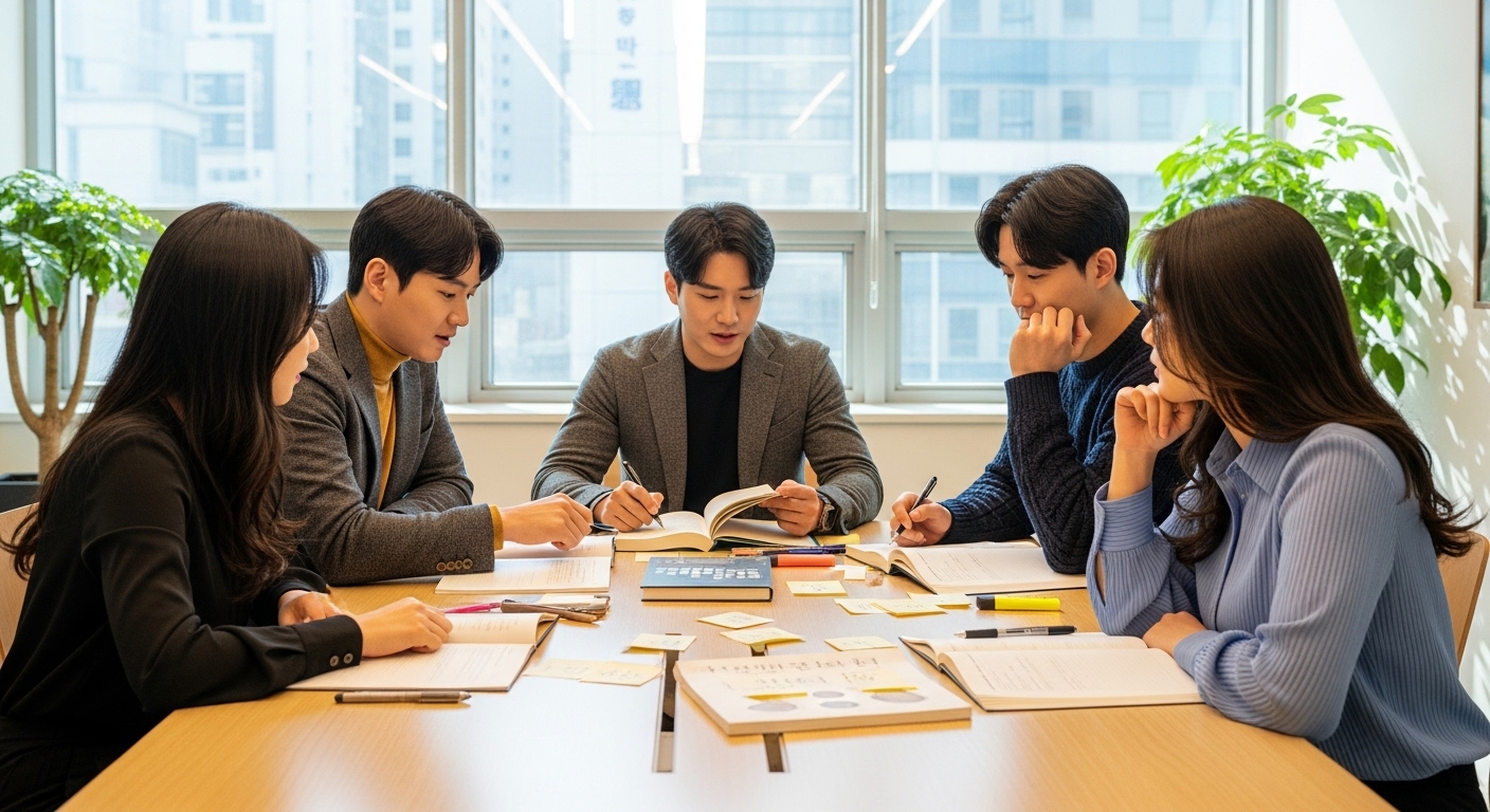 젊은 직장인들이 사무실에서 언어에 대해 토론하는 장면