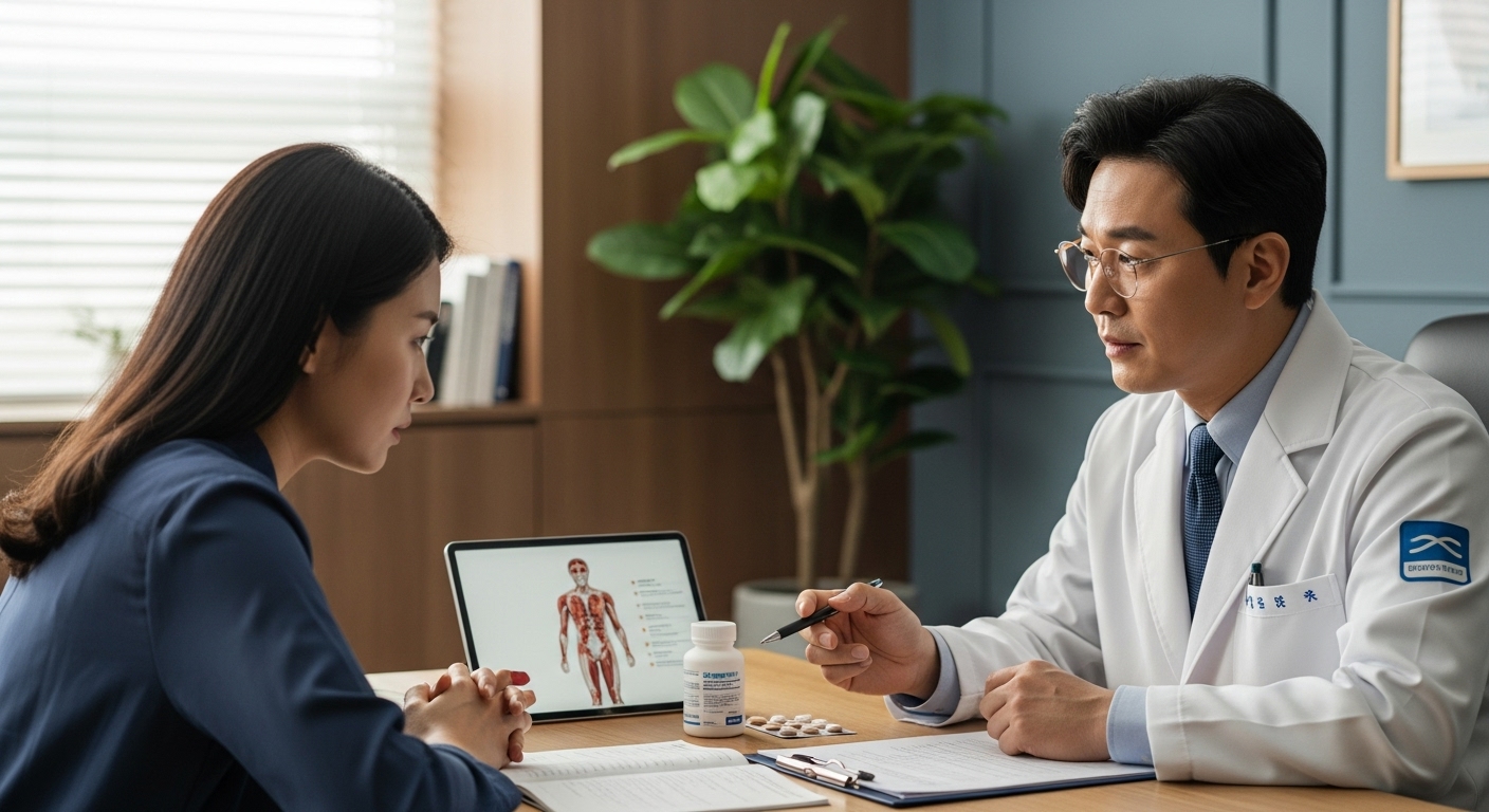 병원에서 의사가 부모와 함께 아이의 약물에 대해 상담하는 장면