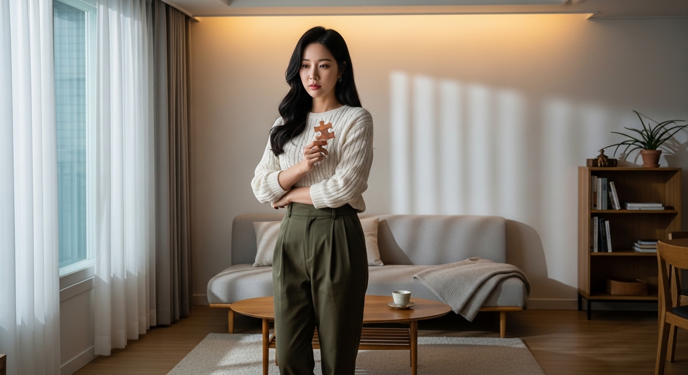 퍼즐 조각을 들고 있는 젊은 여성이 미니멀리스트 스타일의 아파트에서 생각에 잠겨 있는 모습