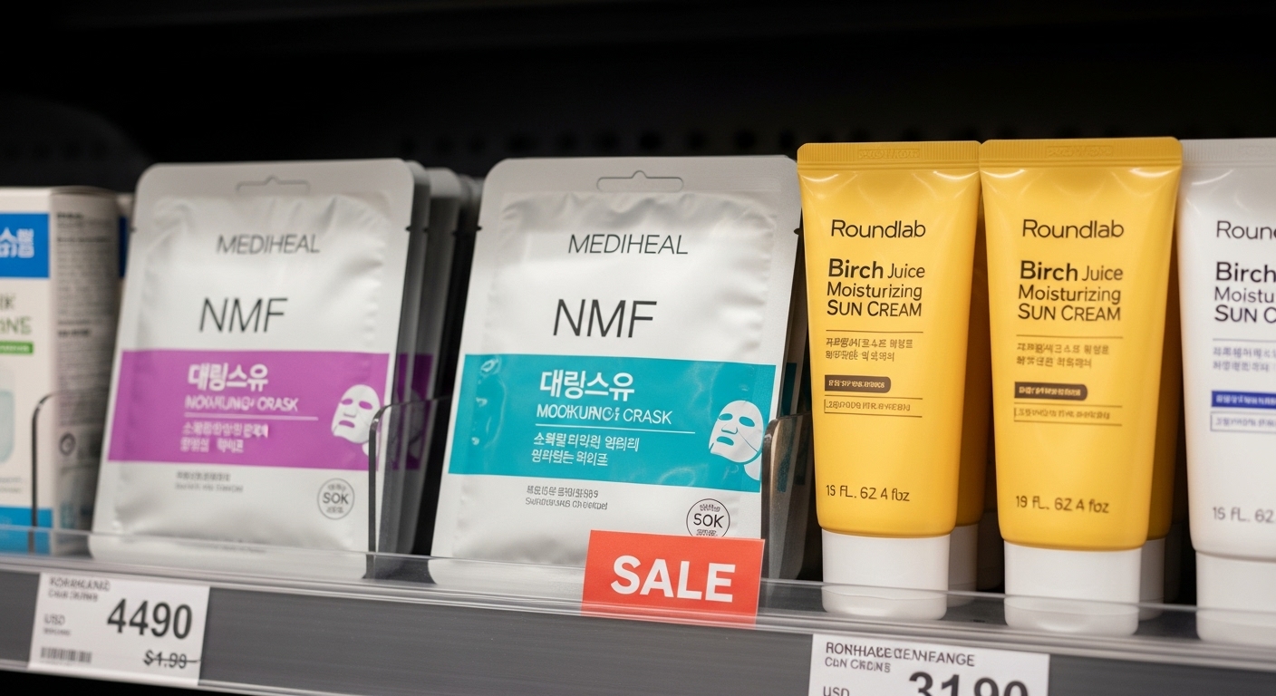 메디힐 NMF 마스크팩과 라운드랩 자작나무 수분 선크림이 할인 판매되는 모습