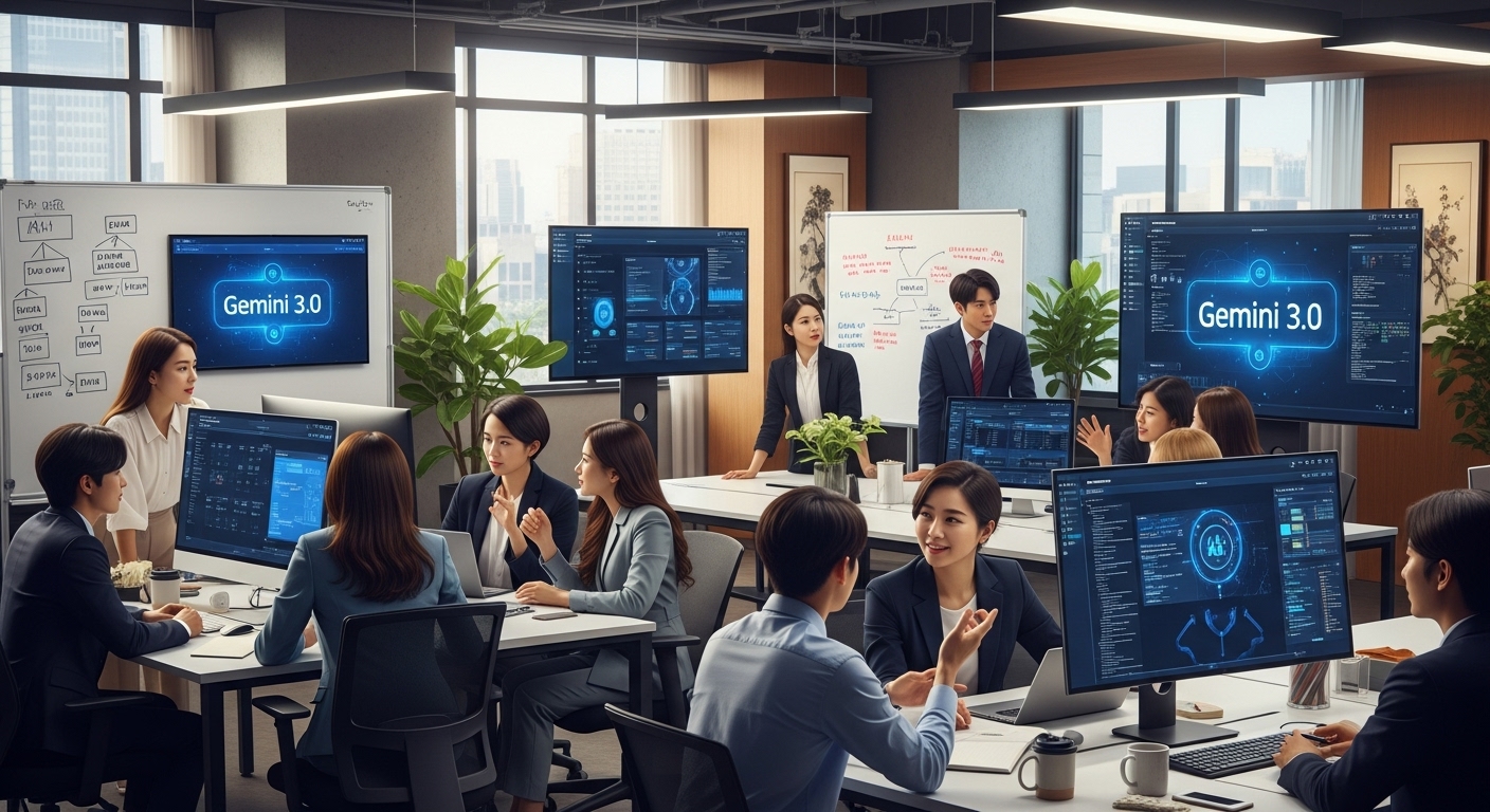 젊은 직장인들이 현대 사무실에서 제미나이 3.0에 대해 논의하는 모습