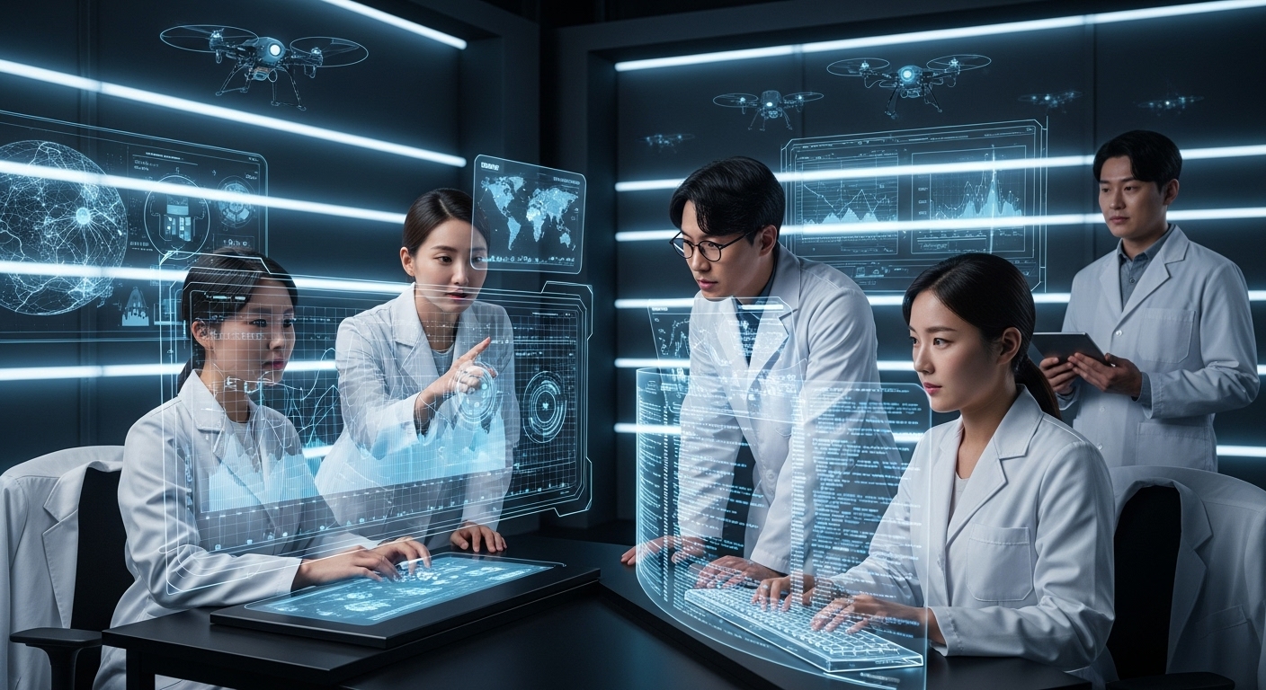 첨단 연구소에서 홀로그램 디스플레이를 분석하는 한국 연구자들