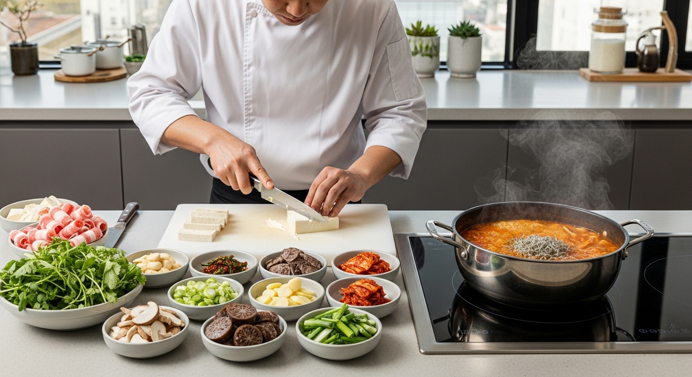 한식 셰프가 현대적인 주방에서 정성껏 순두부찌개 재료를 준비하는 모습