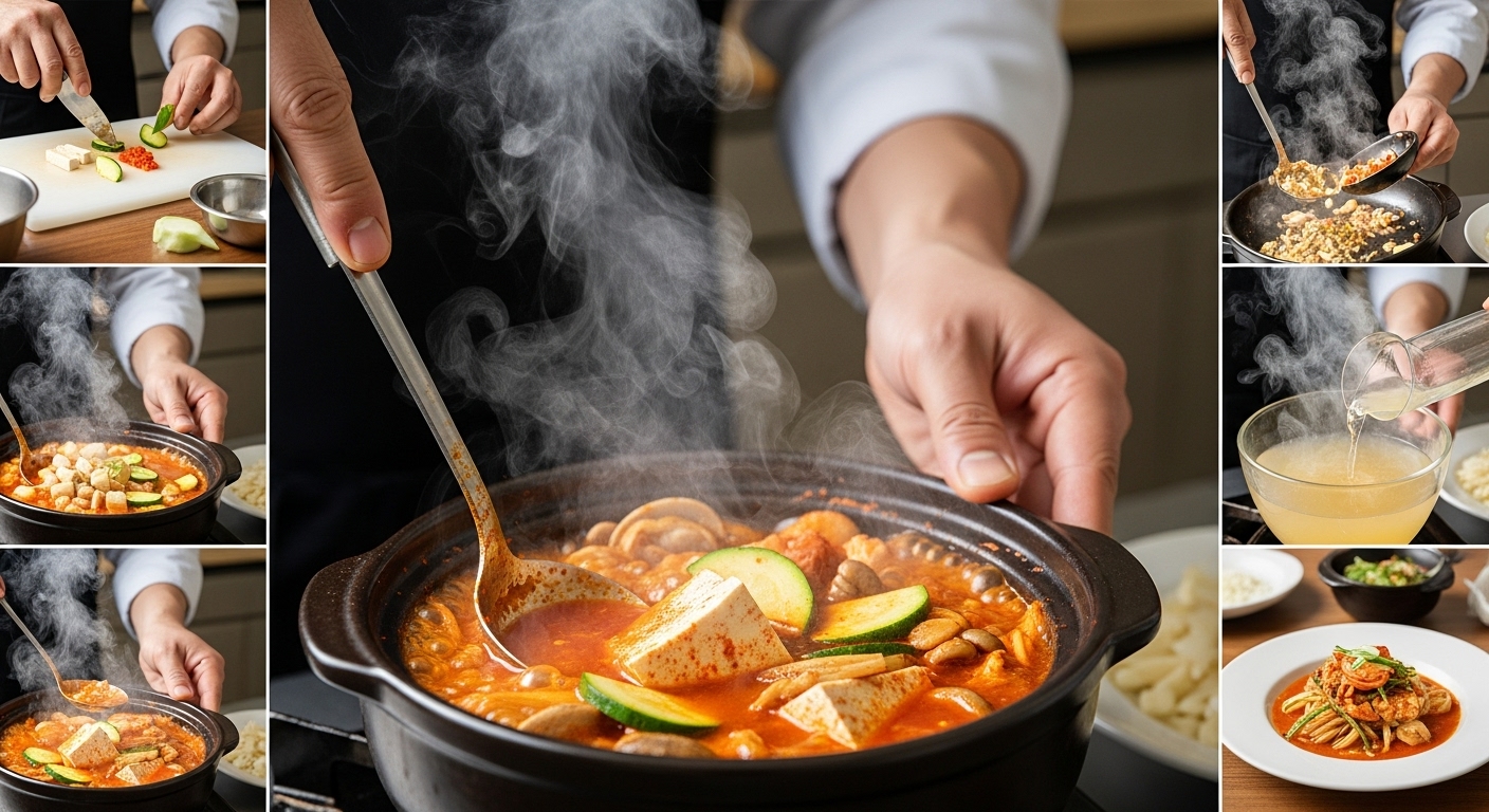 김이 오르는 냄비 속 순두부찌개를 젓고 있는 요리사의 손길