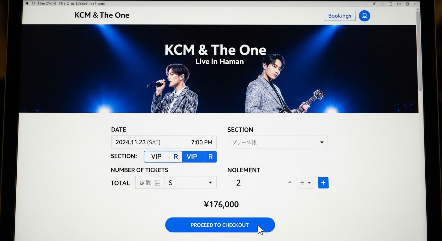 함안에서 열리는 KCM과 더원 콘서트의 티켓 예약 페이지를 보여주는 컴퓨터 화면