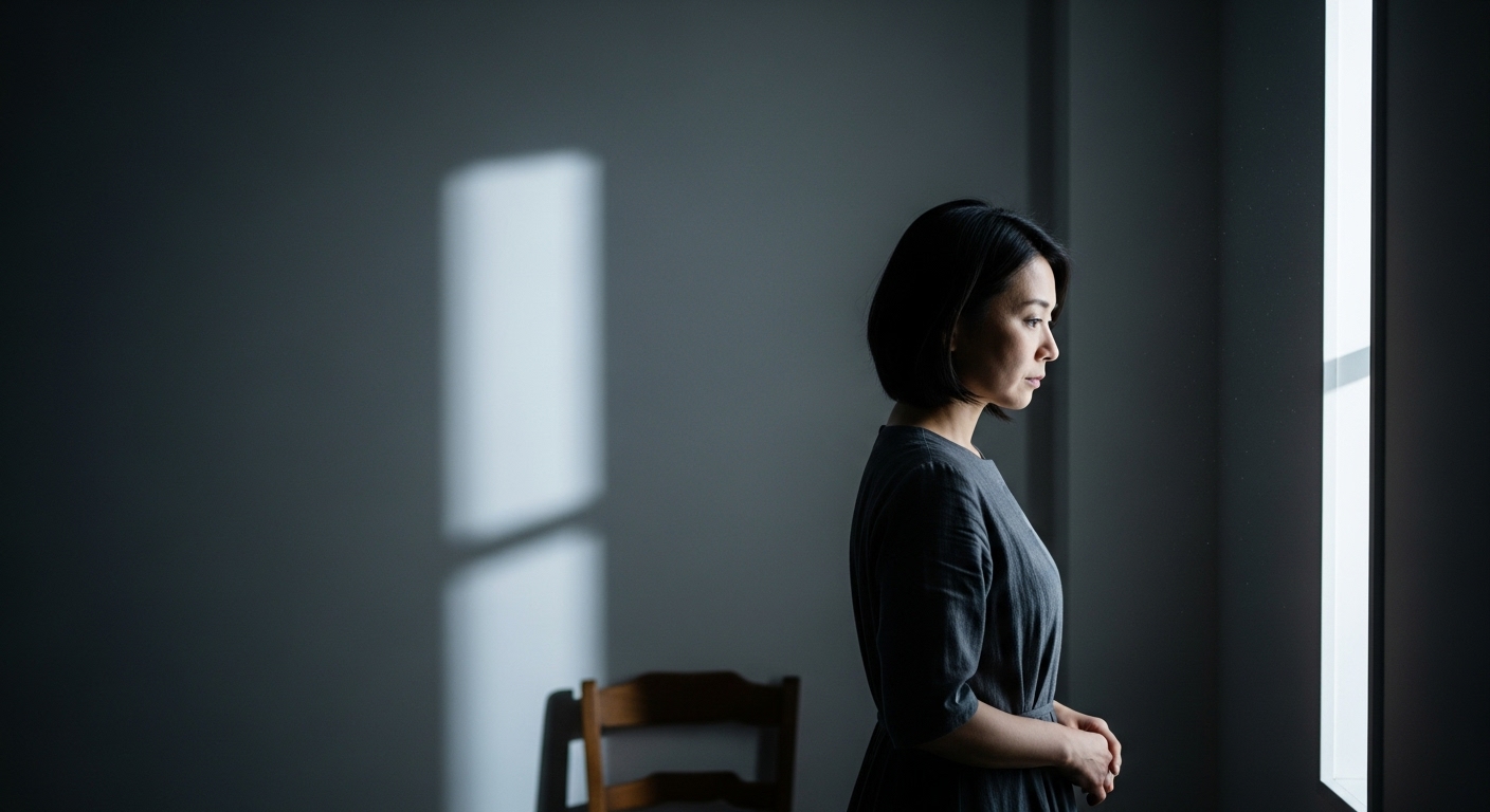 어두운 방에서 자신의 삶을 회상하며 서 있는 일본 여성
