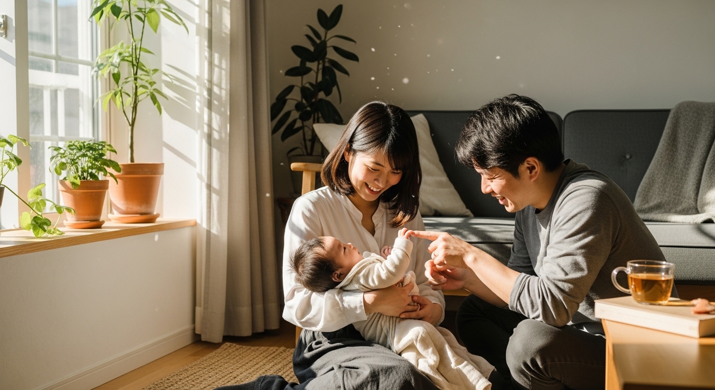 화창한 거실에서 아기와 함께 즐거운 시간을 보내는 일본 가족