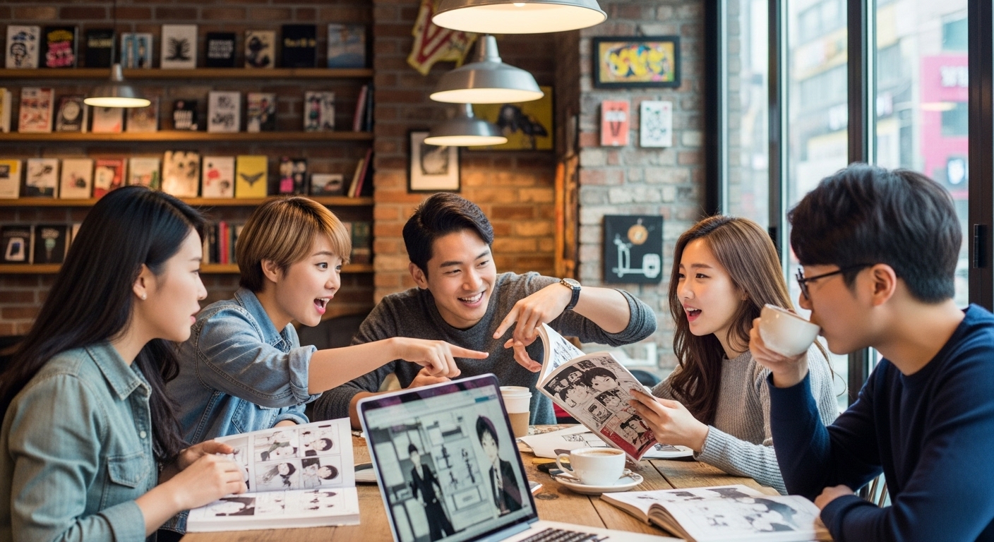 카페에서 만화를 두고 열띤 토론을 벌이는 젊은 사람들
