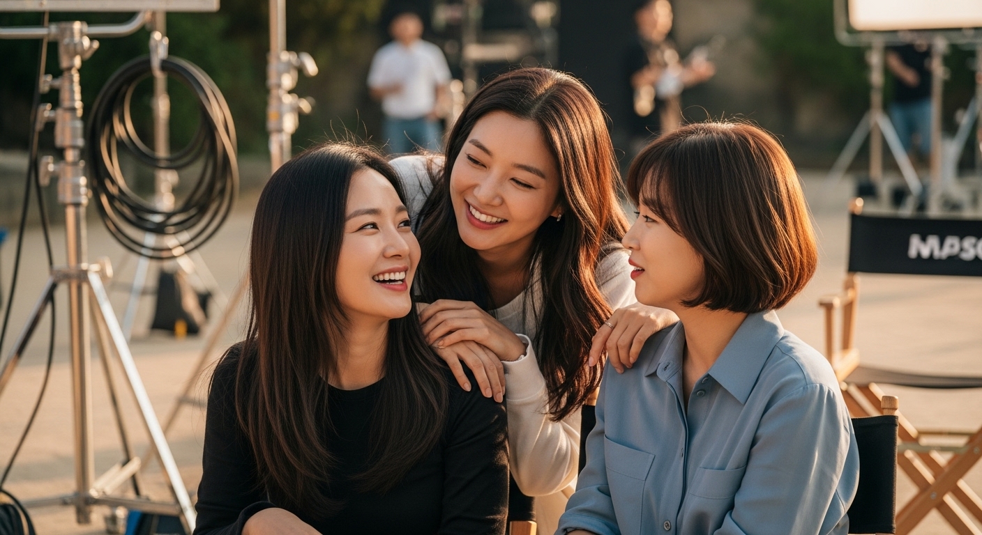 촬영장에서 진솔한 우정을 나누는 세 명의 여배우