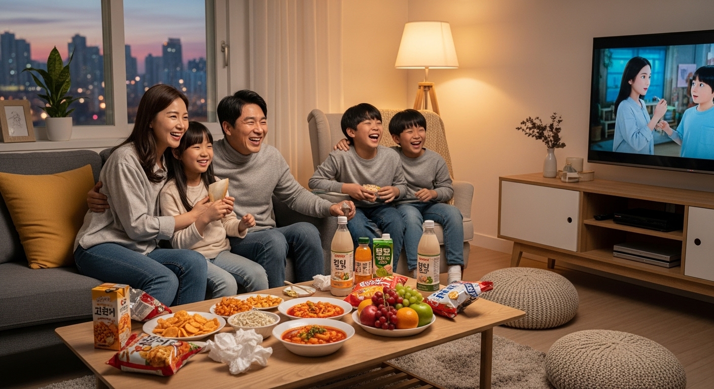 가족이 거실에서 함께 TV를 보며 웃고 즐거워하는 모습