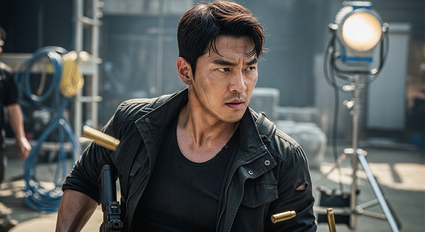 액션 영화 의상을 입고 강렬한 표정으로 연기하는 한국 배우의 초상화