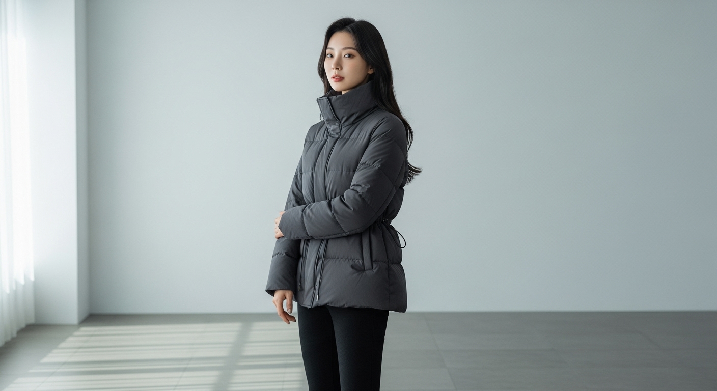 미니멀리즘 환경에서 드로스트링 하이넥 다운 패딩을 입고 우아한 포즈를 취하고 있는 한국 모델