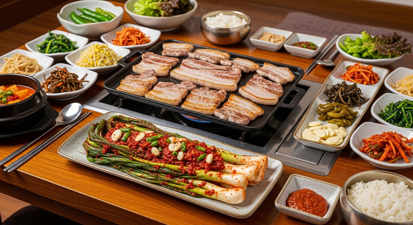 삼겹살 옆에 놓인 신선한 파김치가 있는 한식 상차림