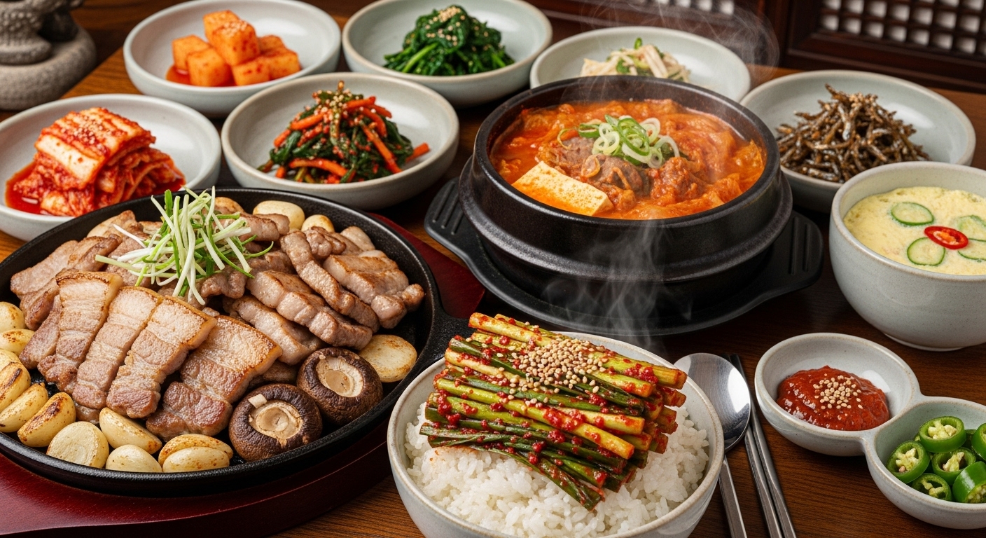 비빔밥 위에 얹어진 파김치와 구운 고기 및 찌개가 있는 식사 장면