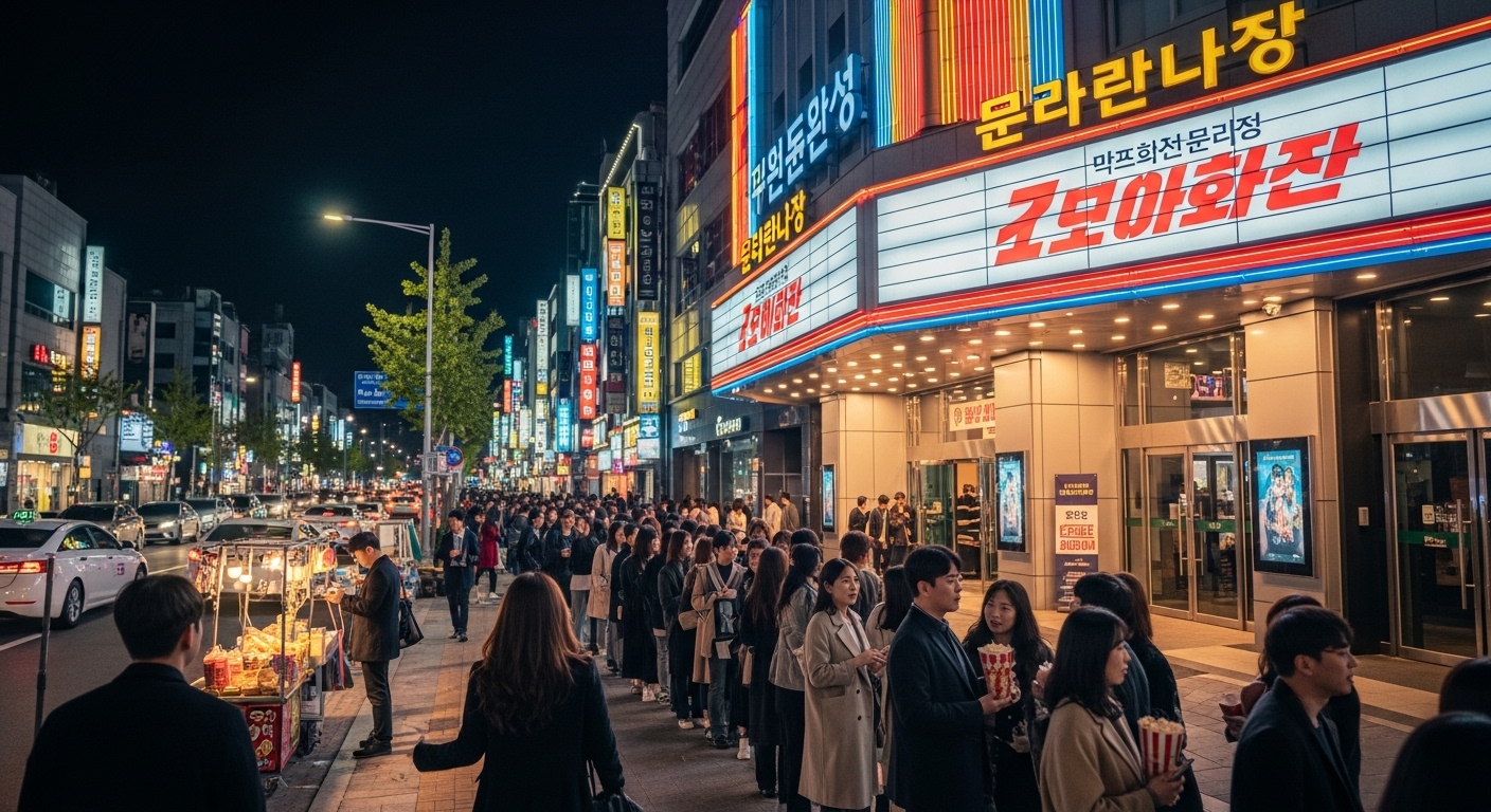 한국 영화관 앞에서 밤에 개봉을 기다리는 관객들의 활기찬 모습