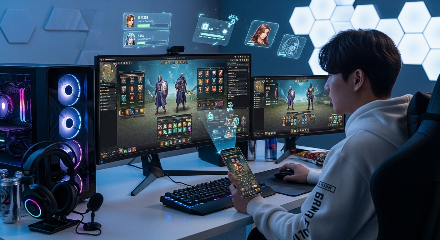 한국 게이머가 최신 RPG 게임을 PC와 스마트폰으로 즐기는 모습