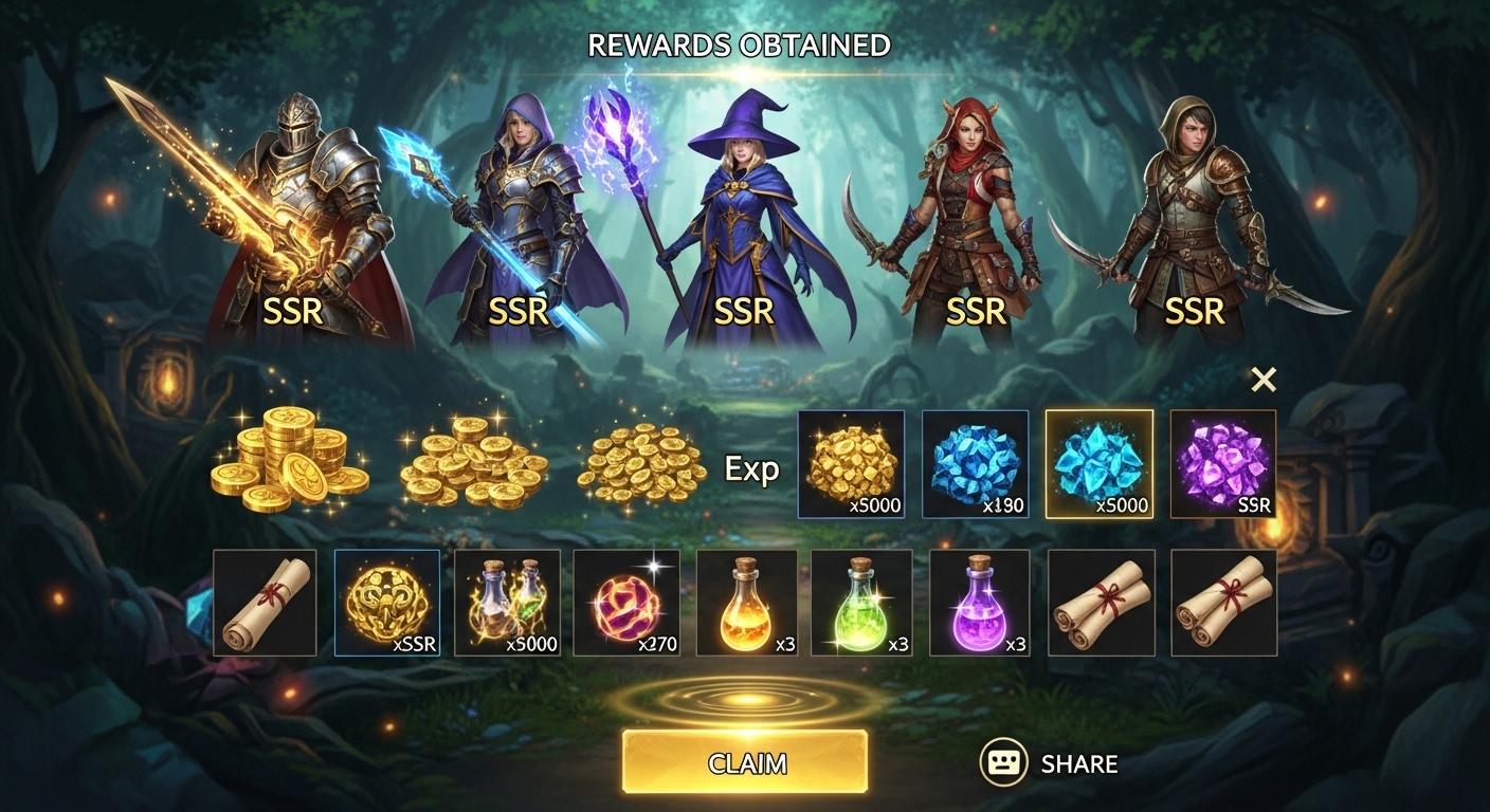RPG 게임 속 다양한 보상과 SSR 등급 캐릭터 획득 장면