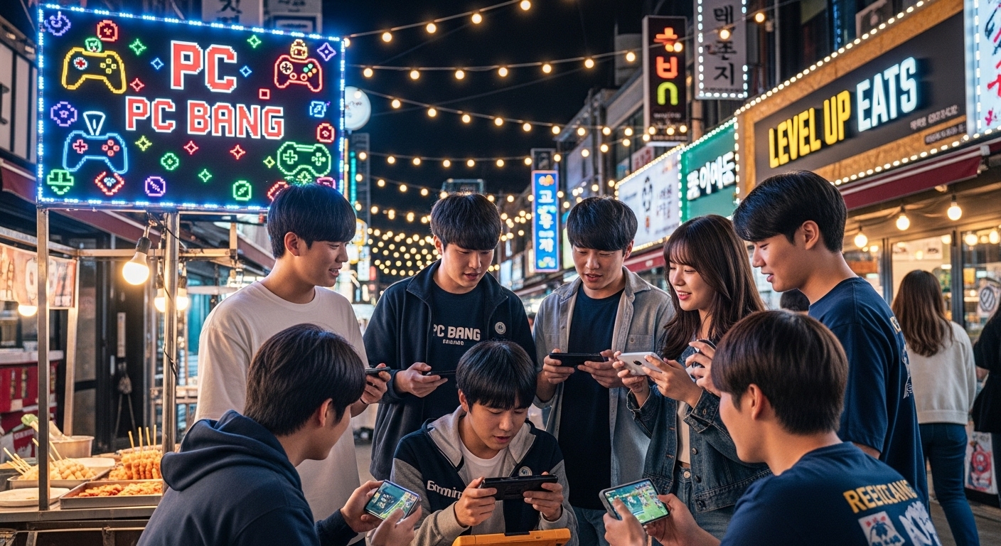젊은 게이머들이 야시장을 기대하며 대기하는 모습