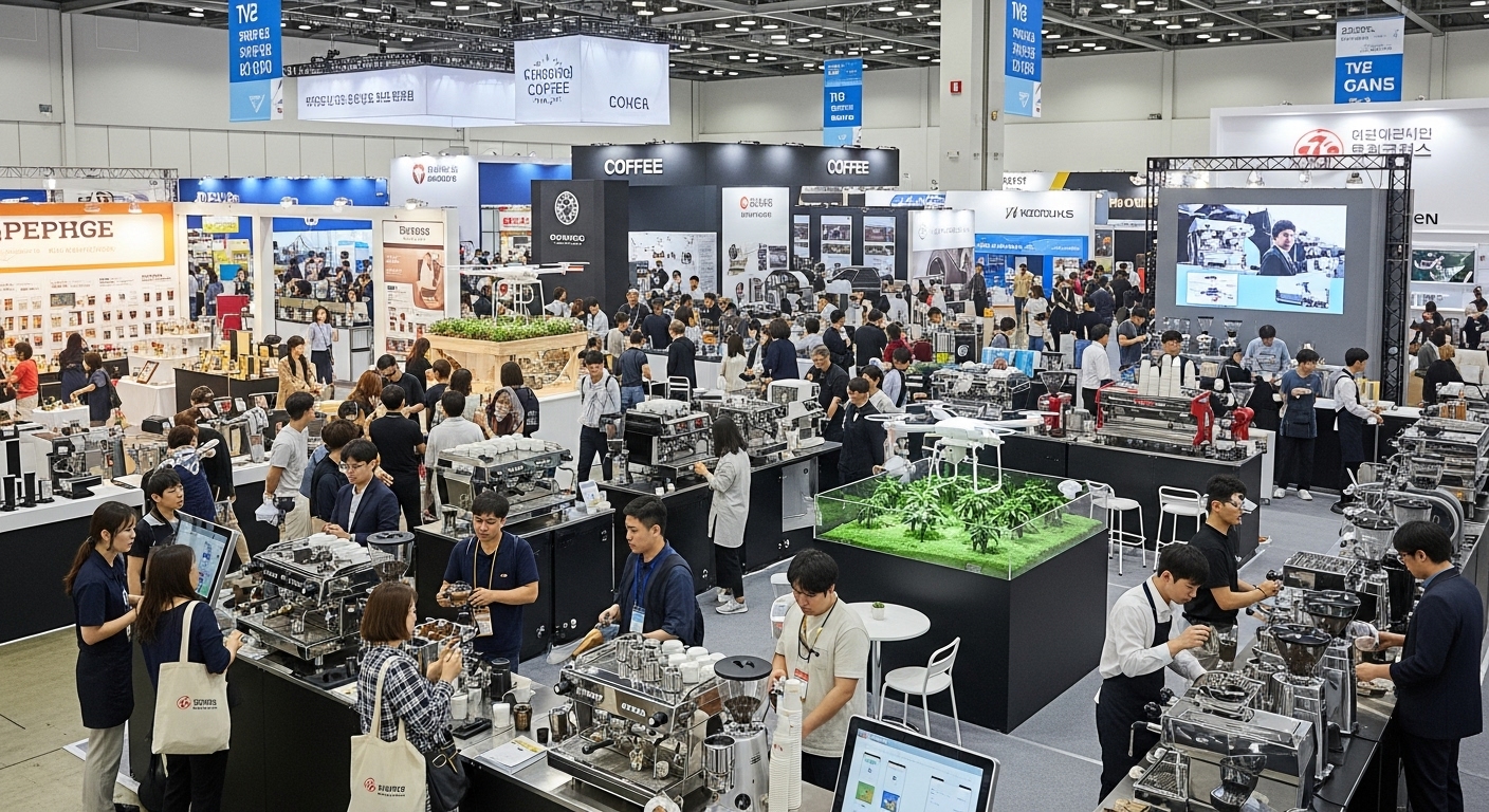 국내 주요 도시의 전시장에서 열리는 대규모 커피 행사와 신제품 탐색하는 모습