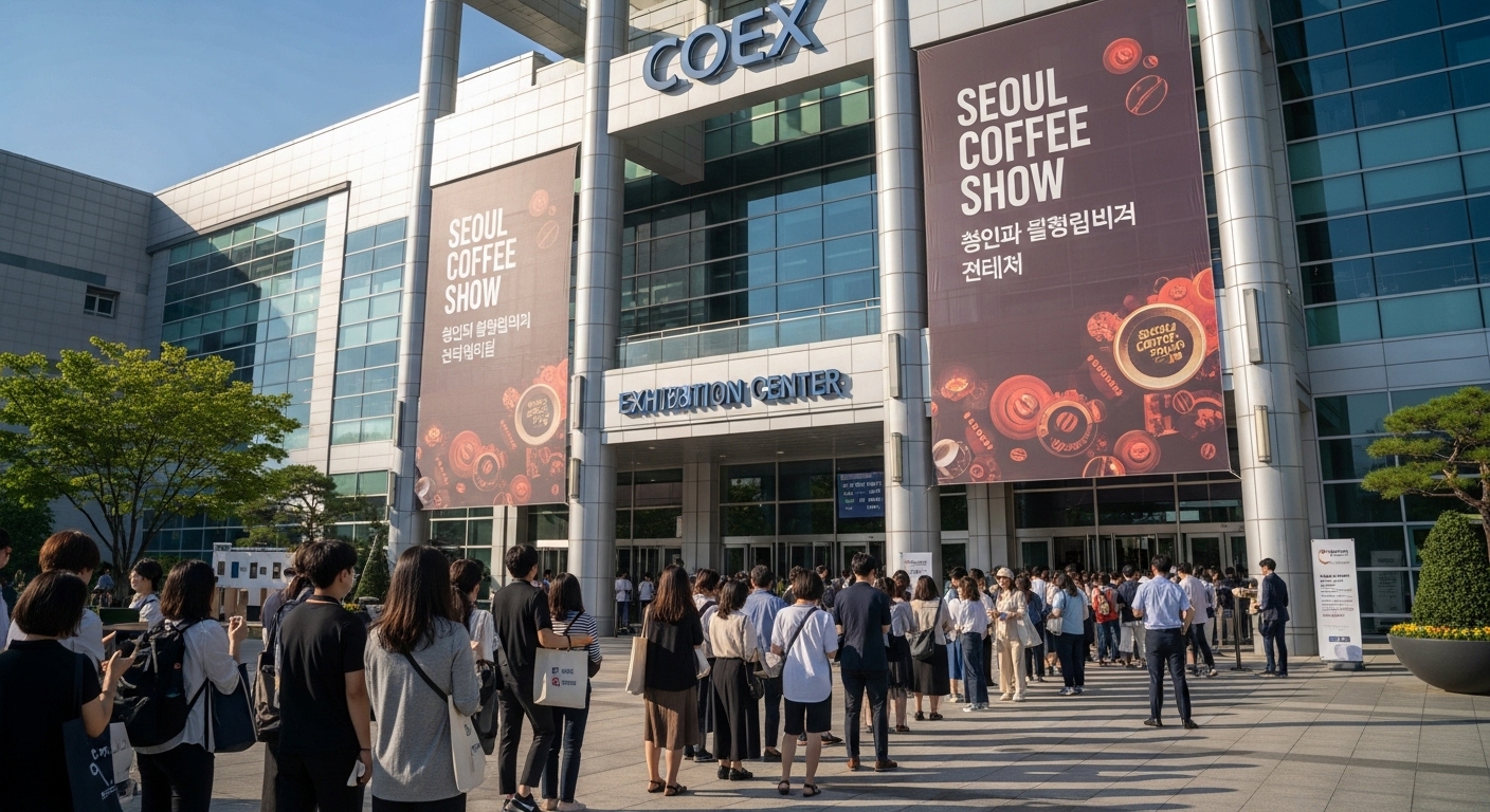 맑은 날씨 아래 입장을 기다리는 사람들이 있는 코엑스 전시장 외관