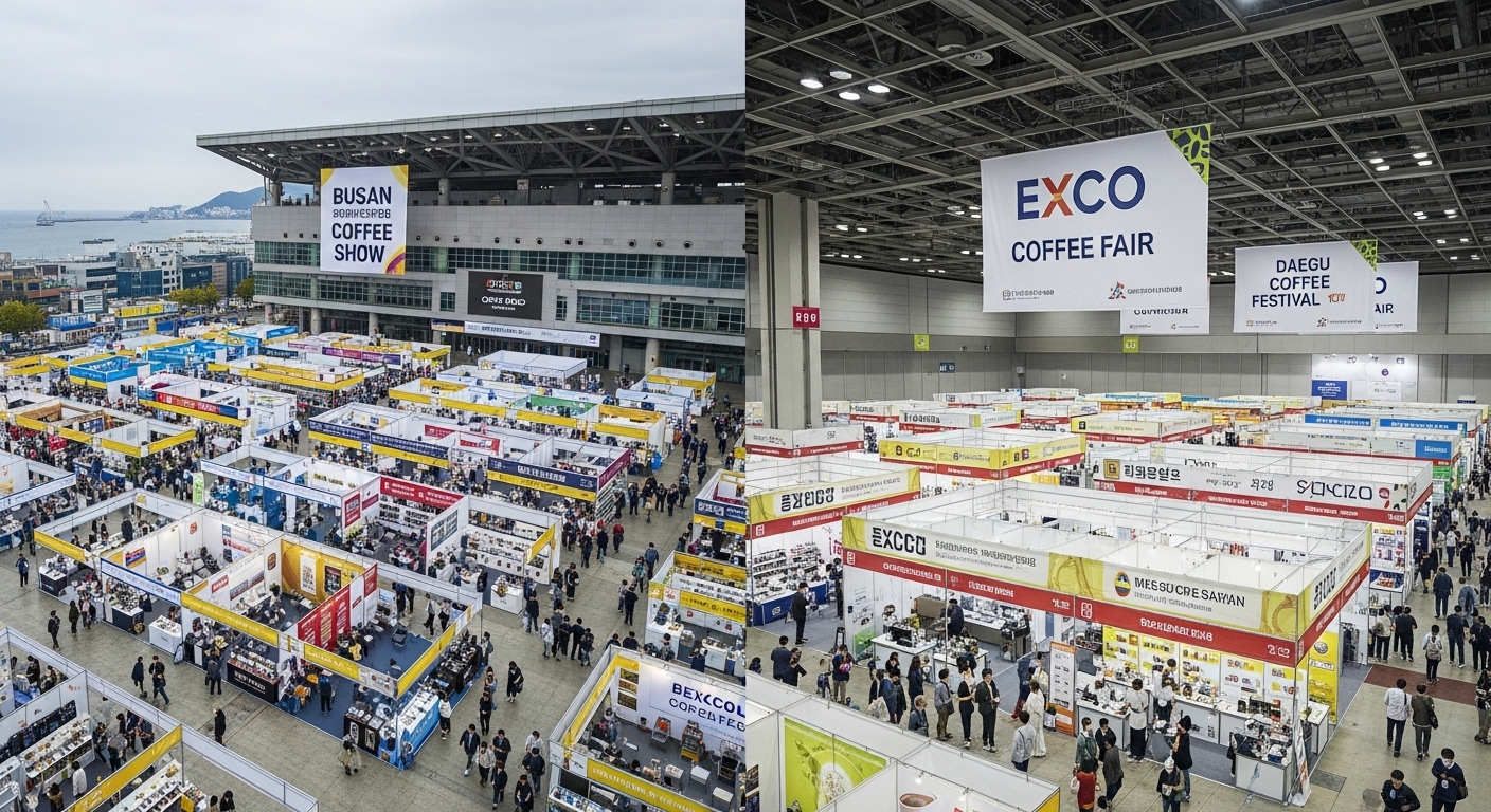 부산과 대구의 BEXCO 및 EXCO에서 각각 열리는 바쁜 커피 쇼의 항공 뷰와 지역 특성 표현