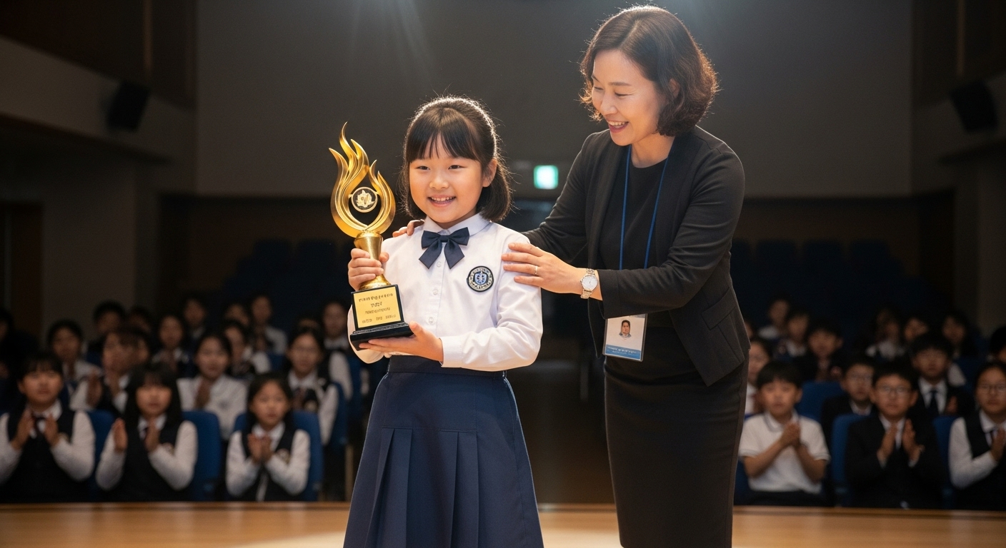 학창 시절 상을 받으며 친구들의 박수를 받는 소녀의 모습