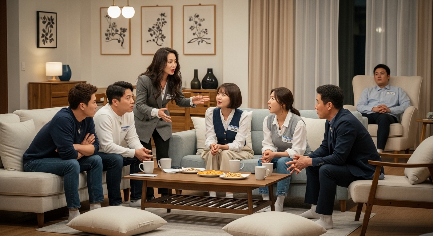 프로그램 출연자들이 거실에서 활발히 토론하고 있는 장면