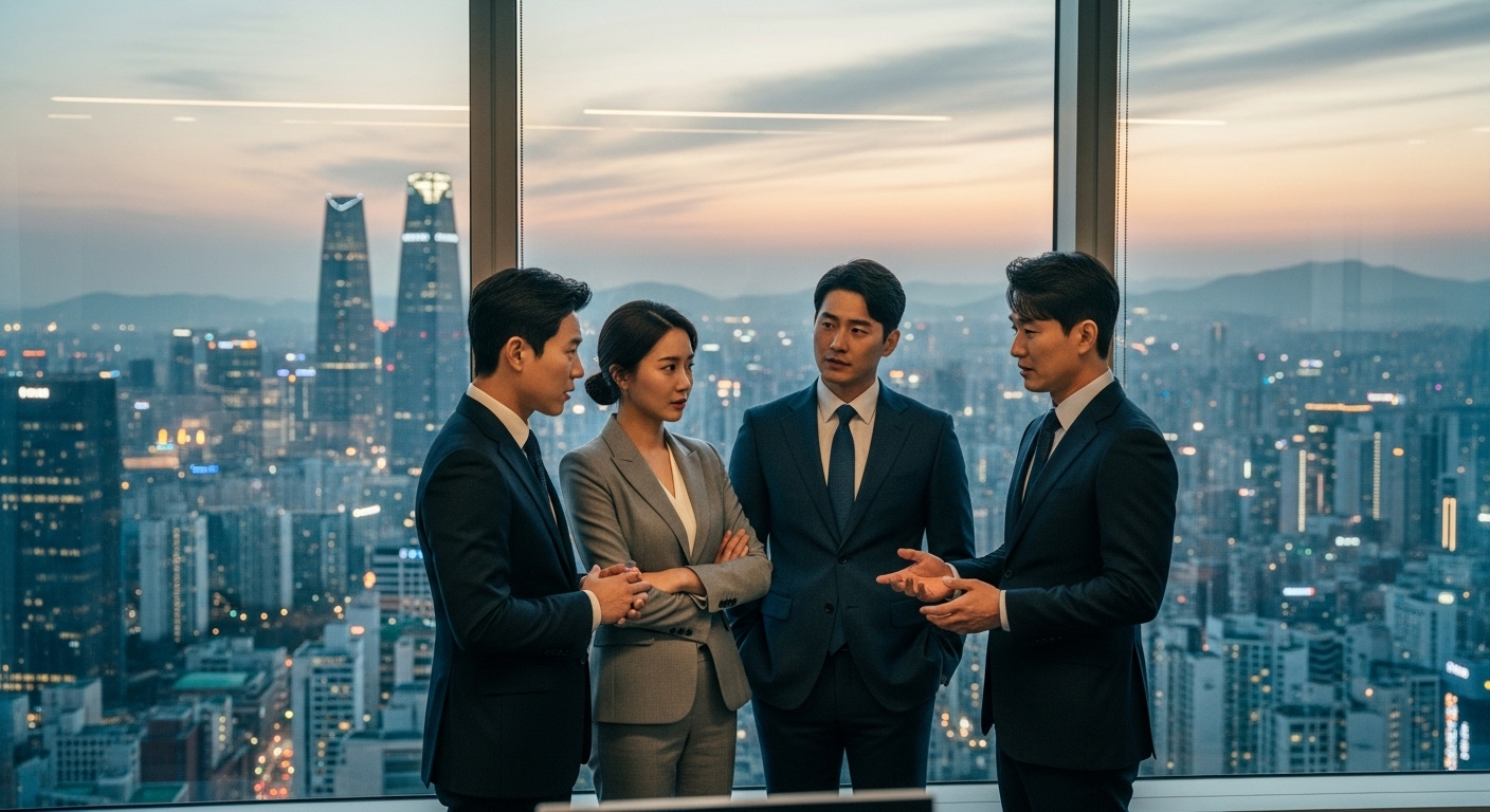고층 빌딩에서 도시 전경을 배경으로 심각한 표정으로 이야기하는 한국 직장인들