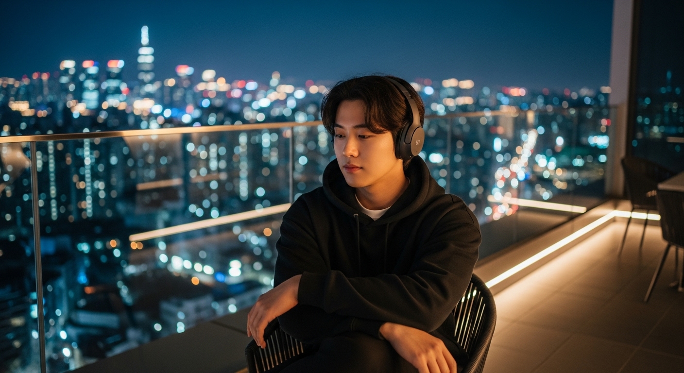 젊은 남자가 도시 야경을 배경으로 헤드폰을 끼고 음악을 듣고 있는 장면
