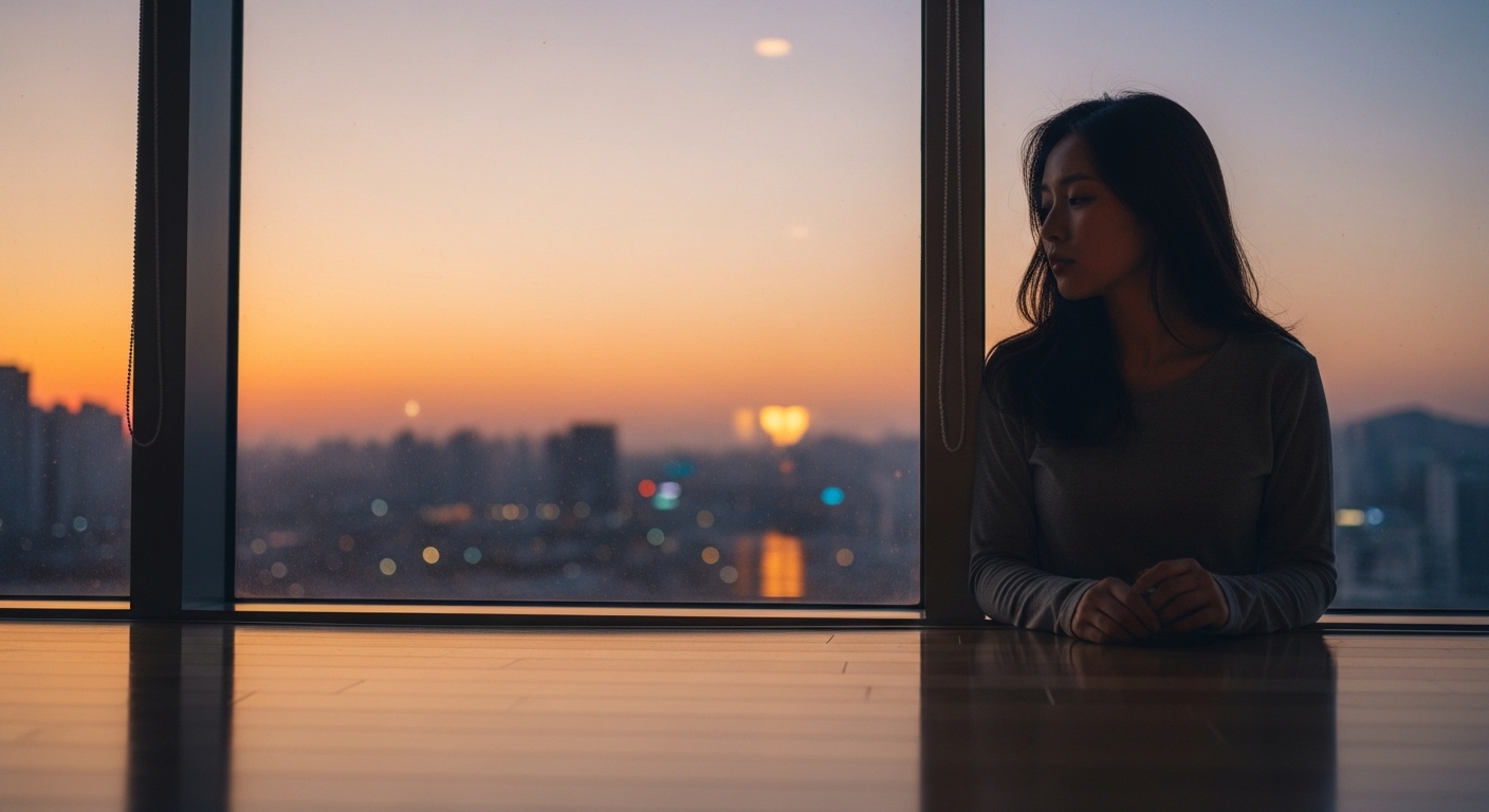 창문 옆에 서서 석양을 바라보며 감정을 되새기는 여성의 모습